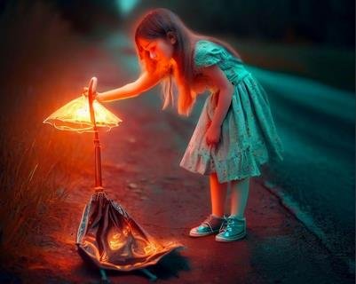 girl picking magical umbrella