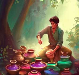 boy filling color in pots